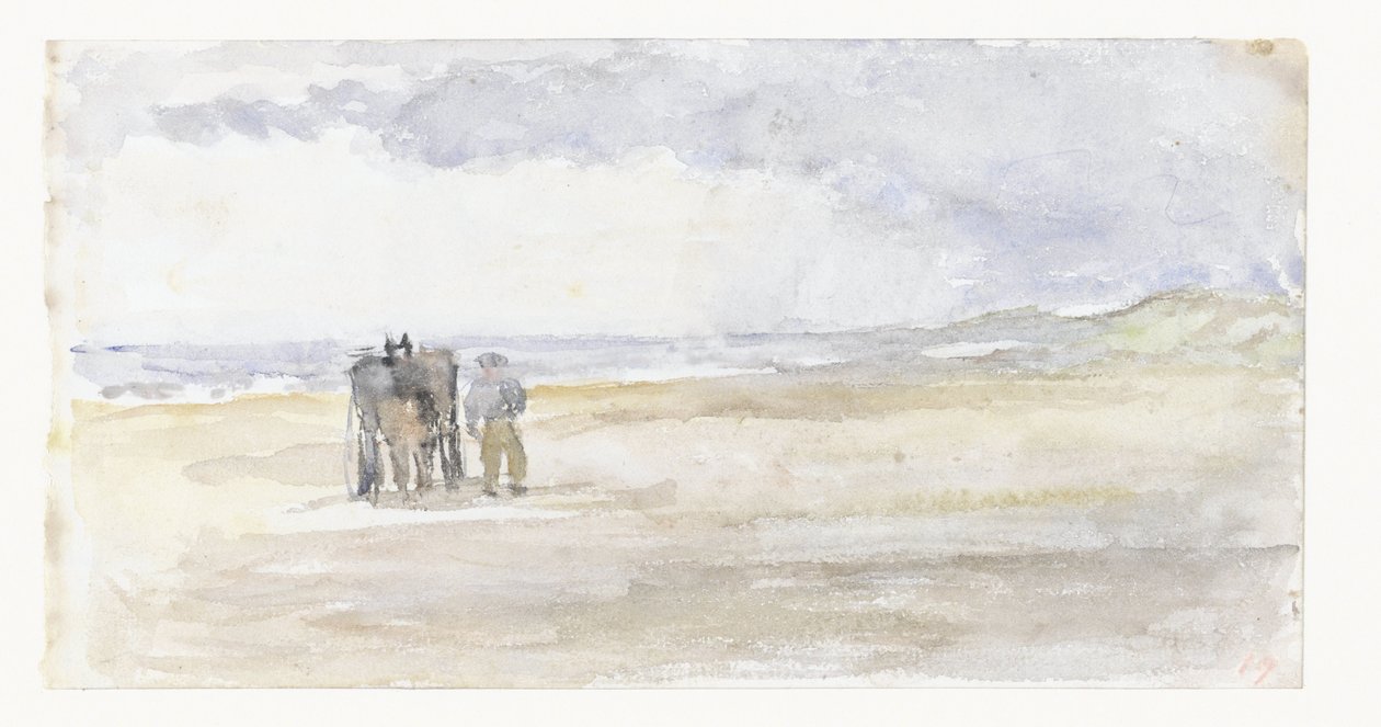Mann mit Pferd und Wagen am Strand von Jozef Israëls