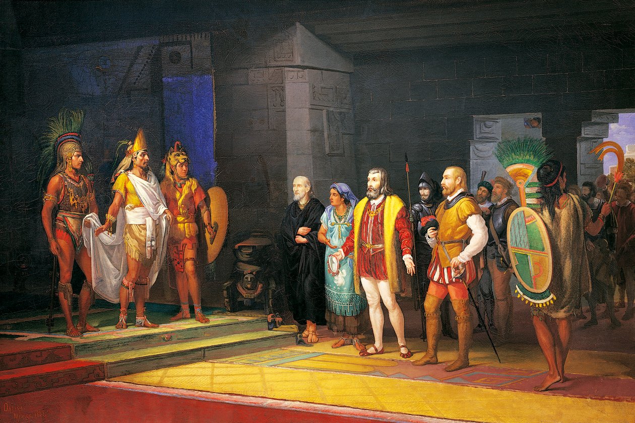 Hernán Cortés trifft Montezuma in Mexiko von Juan Ortega