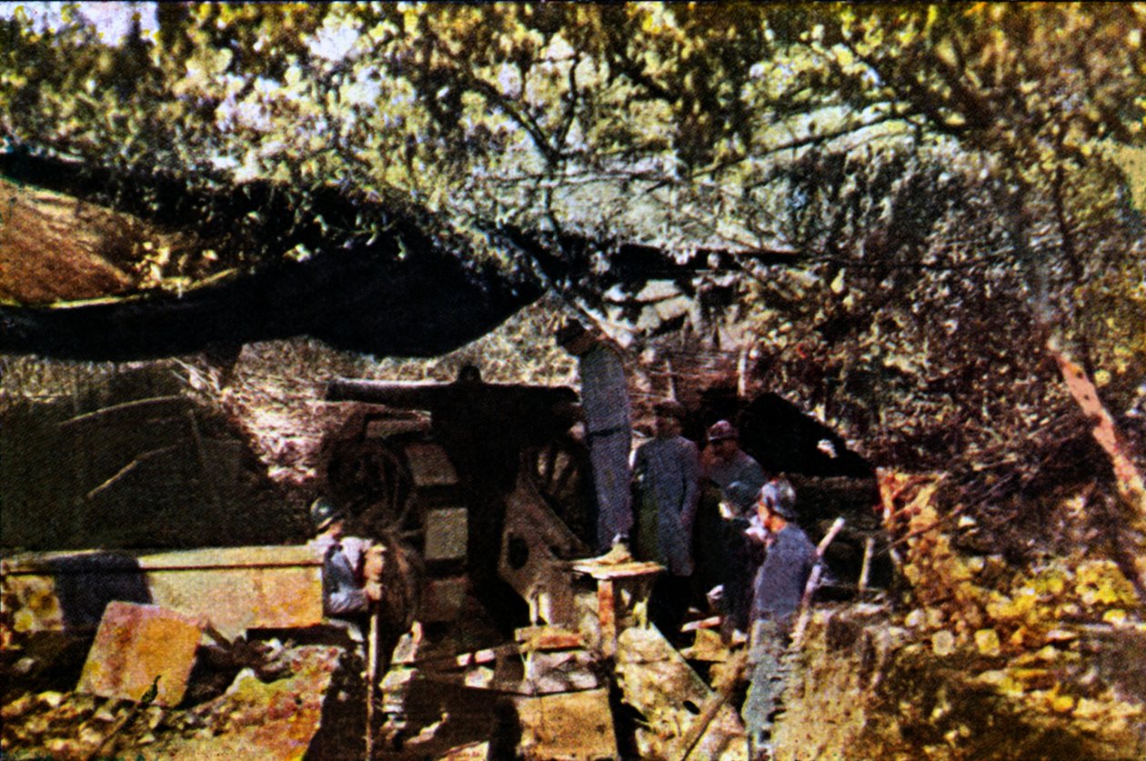 Eine französische Batterie schwerer Geschütze unter Tarnnetz im Wald, Verdun, September 1916 von Jules Gervais Courtellemont