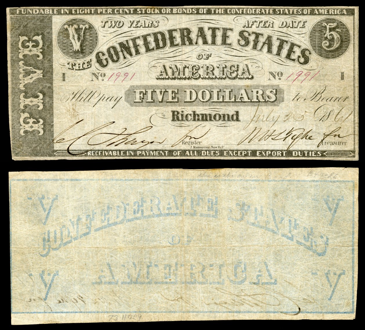 Zweite Serie $5 Konföderierte Staaten von Amerika Banknote. Konföderierte Staaten von Amerika auf der Vorderseite, einzige 1861 ausgegebene Note mit gedruckter Rückseite. von Jules Manouvrier