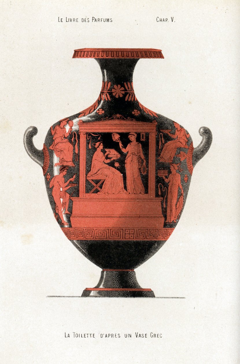 Griechische Vase, die eine Frau bei ihrer Toilette zeigt, die eine Schachtel mit Kosmetika und Parfums hält, unterstützt von einer Sklavin, die einen Fächer schwenkt von Jules (after) Cheret