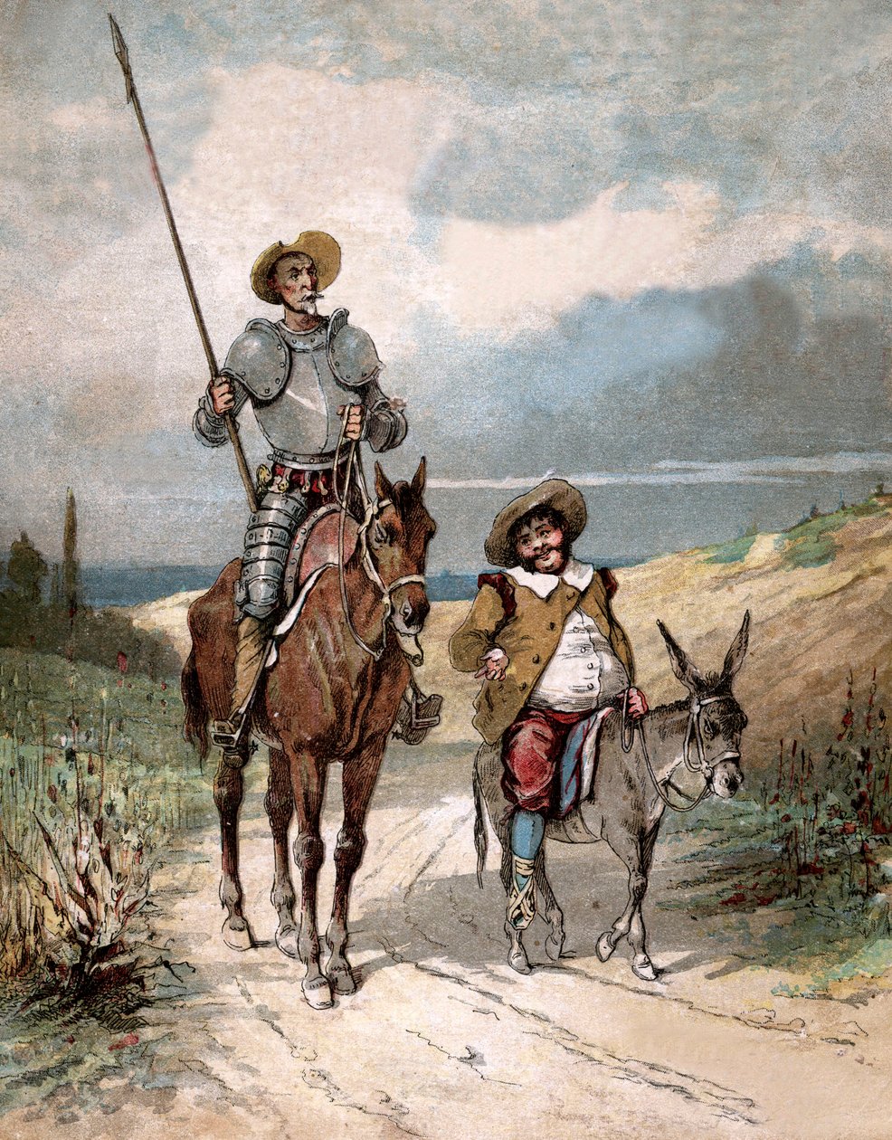 Don Quijote und Sancho Panza, Illustration des Buches von Miguel de Cervantes "Histoire de Don Quichotte", Gravur nach Jules David von Jules (after) David