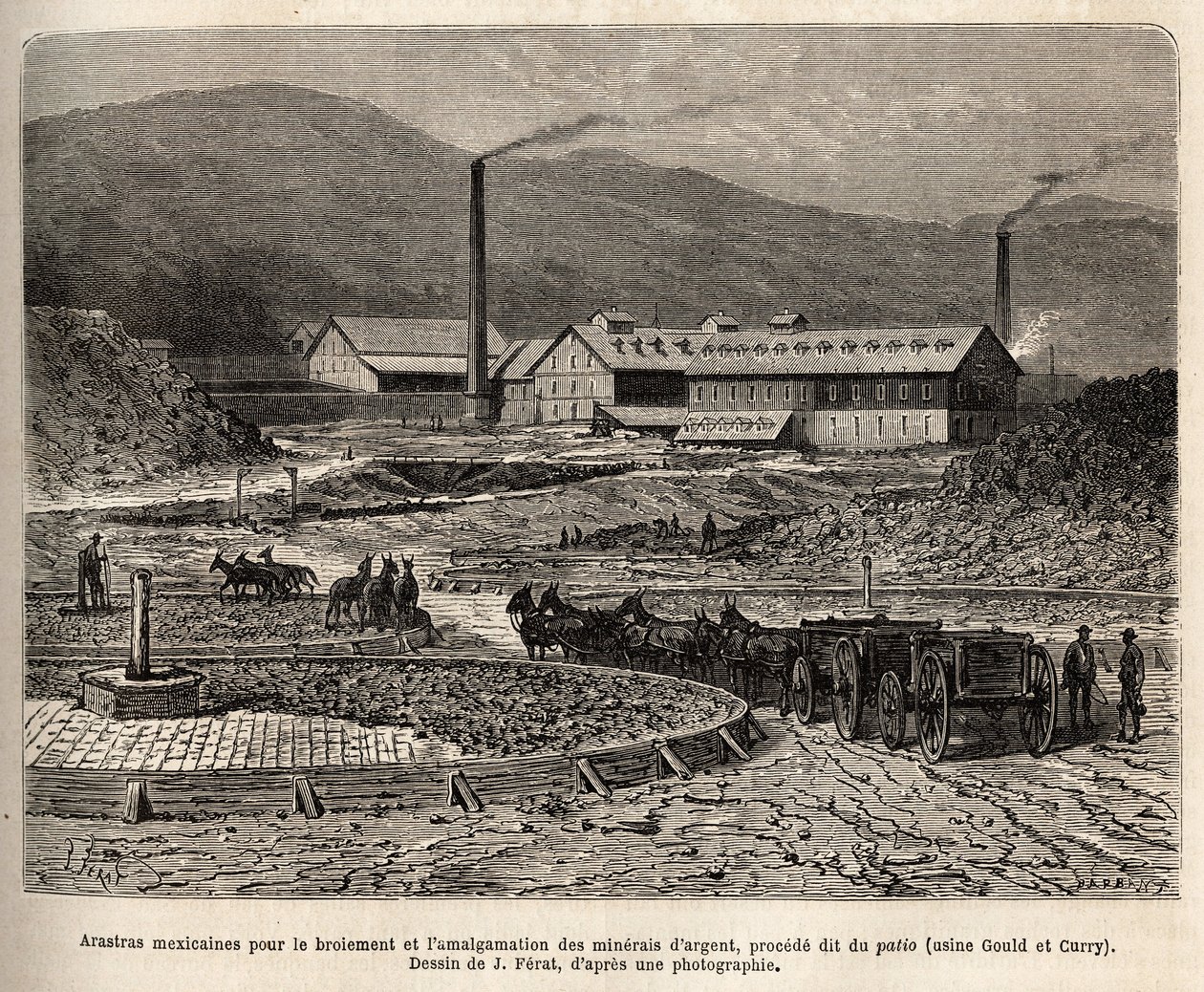 Mexikanische Arastras (Bereich, der von den Füßen der Maultiere zertrampelt wird, wie beim Treten der Ähren) zur Zerkleinerung und Amalgamierung von Silbererzen (Gould- und Curry-Fabriken) in der Nähe von Virginia City (Nevada), Gravur nach J. Ferats Zeich von Jules (after) Ferat