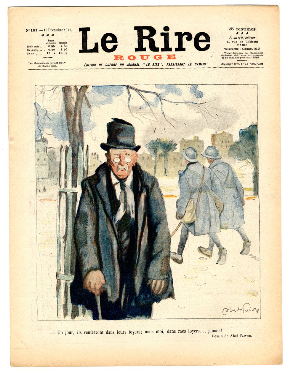 Cover von „Das Rote Lachen“, satirisch in Farben von Jules Abel Faivre
