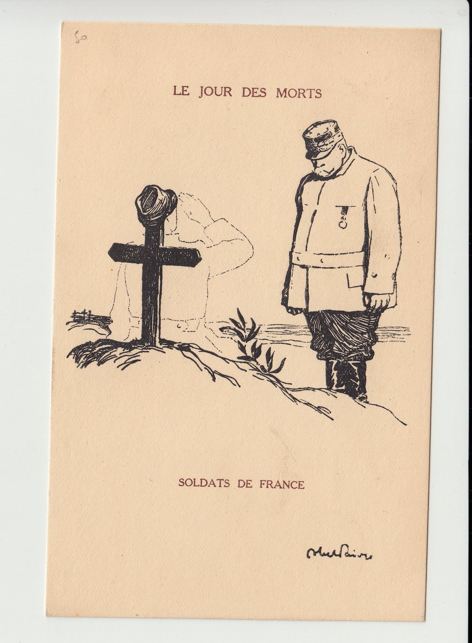 Postkarte, Satirisch in Schwarz-Weiß, ca. 1915: Tag der Toten - Krieg von 14-18, Trauer, Beerdigungen - Joffre, Soldaten Illustration von Abel Faivre (1867-1945) von Jules Abel Faivre