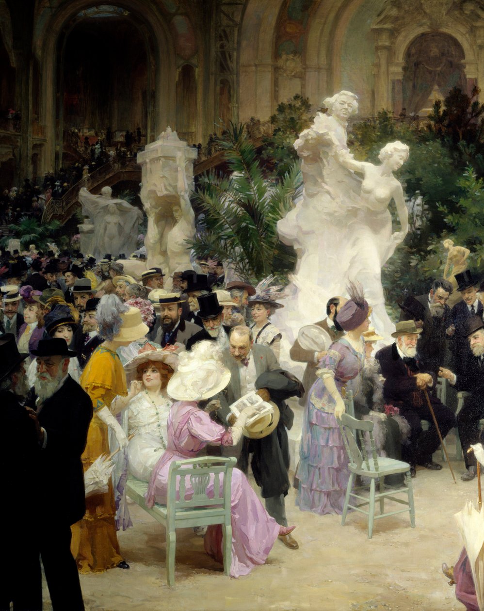 Belle Époque: „Ein Freitag im Salon des artistes français“. Gesellschaftliches Leben während der Kunstausstellung im Grand Palais in Paris. (Detail) von Jules Alexandre Gruen or Grun