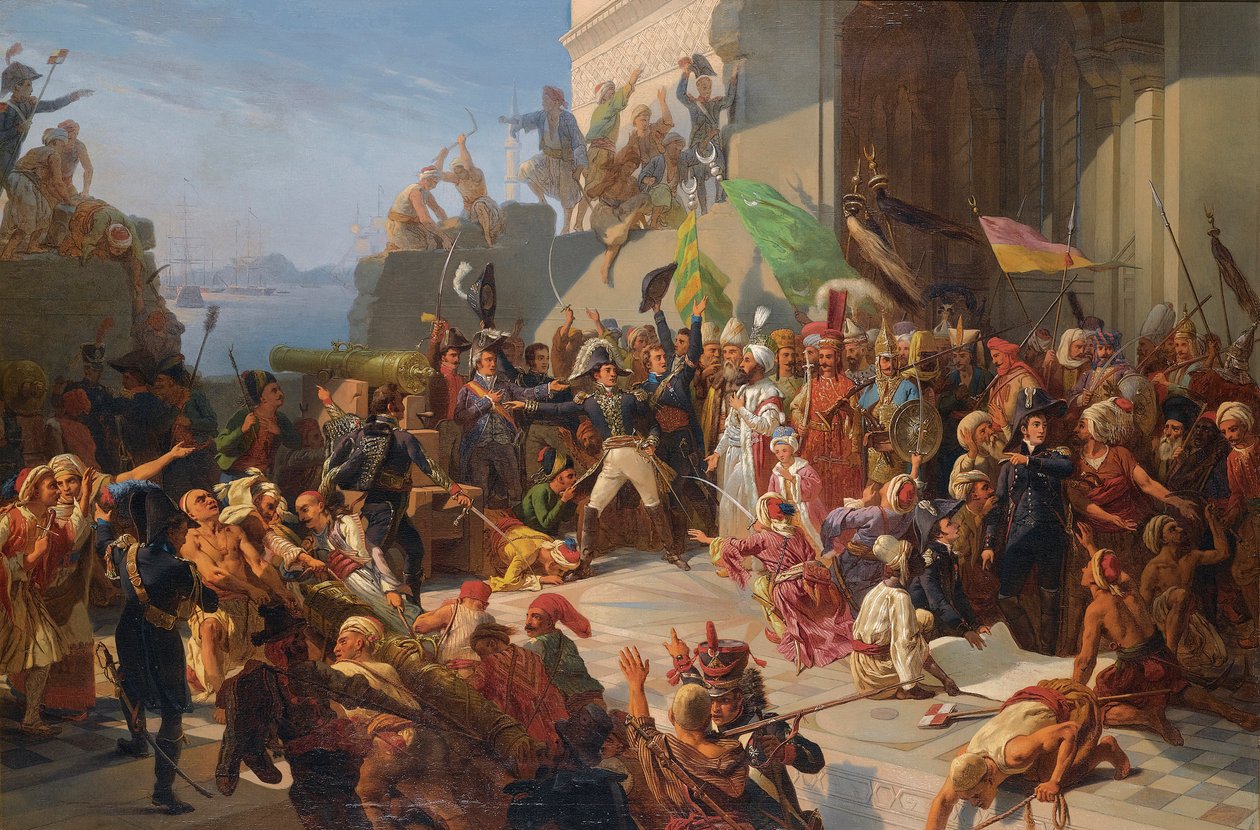 Anglo-Türkischer Krieg - Napoleonische Kriege - Sultan Selim III. besucht General Horace Sebastiani während der Verteidigung von Konstantinopel gegen die britische Flotte, Februar 1807 von Jules Alfred Vincent (after) Rigo