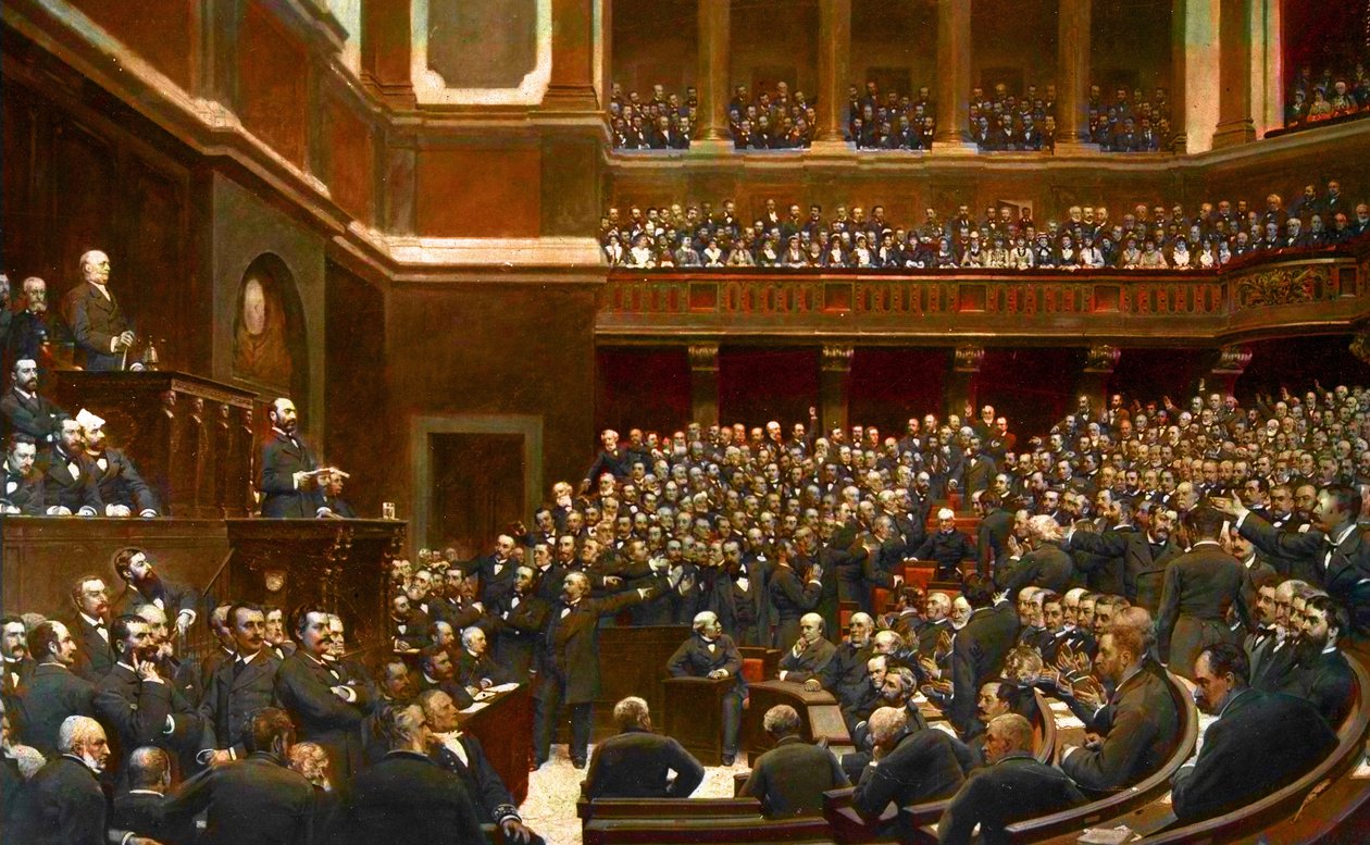 Adolphe Thiers (1797-1877), französischer Politiker, bei einer Sitzung in der Abgeordnetenkammer in Versailles zum „Befreier des Territoriums“ erklärt von Jules Arsene (after) Garnier