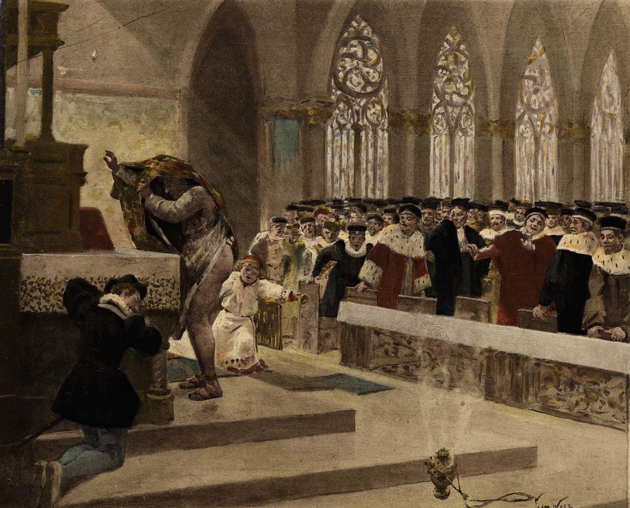 Ein Cordelier, der versucht, seine Morgendämmerung abzulegen, zeigt seinen Rücken bei einer Messe für den Hof vor Panurges Augen. Pantagruel. Illustration von Jules Garnier. In „Rabelais et l