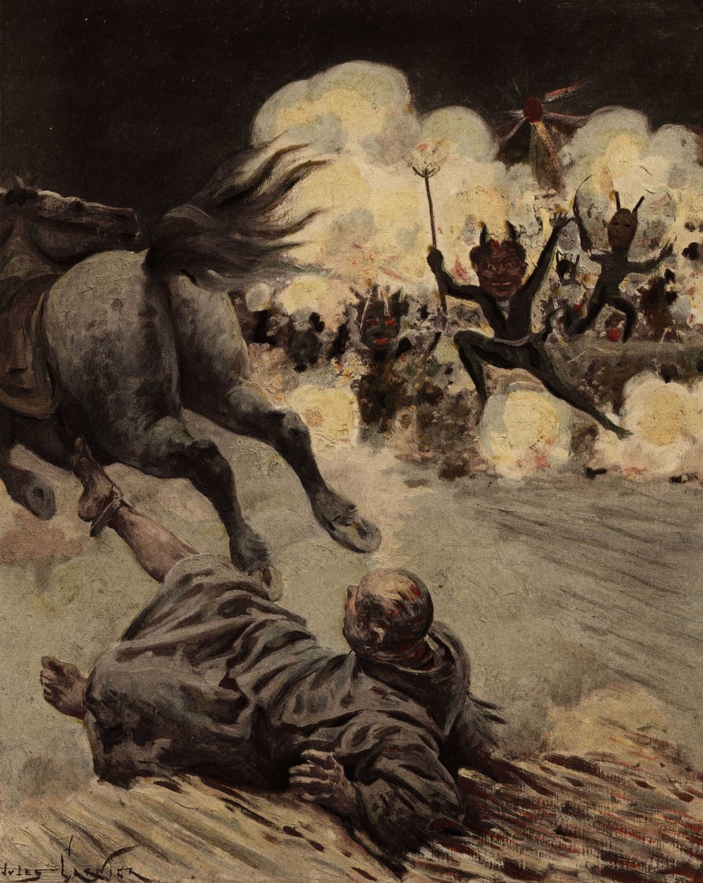 Bruder Etienne Tappecoue wird von seinem Pferd entwässert, nachdem er von Dorfbewohnern, die sich als Teufel verkleiden, geplagt wurde. Pantagruel. Illustration von Jules Garnier. In „Rabelais et l