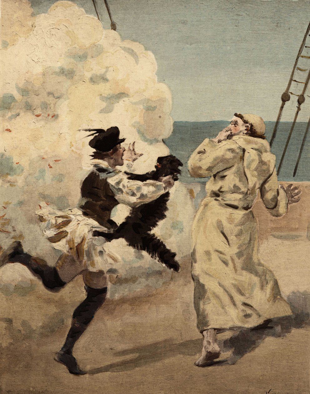 Bruder Jean, erschrocken von der Katze Rodilardus, die Panurge hat. Pantagruel. Illustration von Jules Garnier. In „Rabelais et l