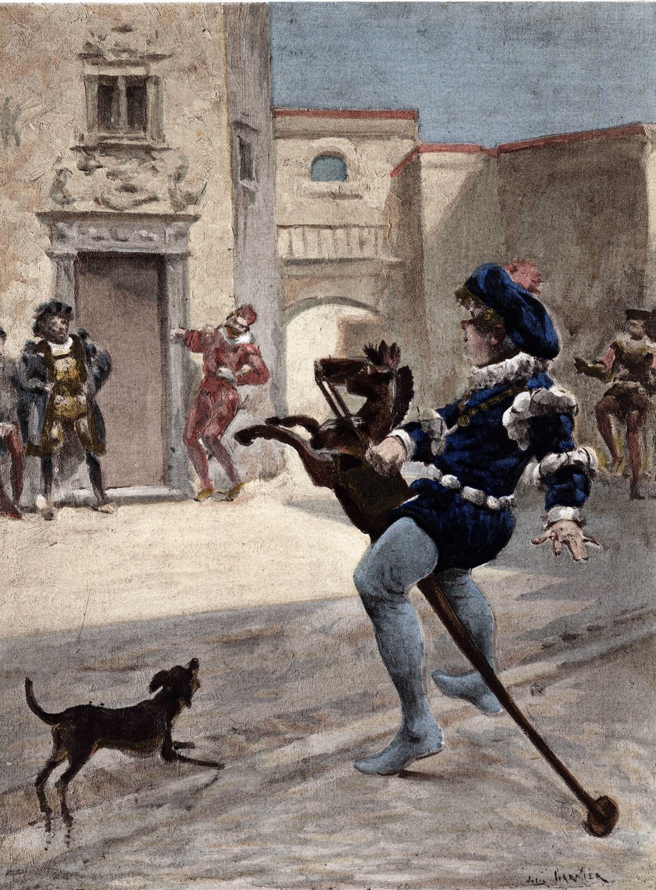 Gargantua reitet auf einem Holzpferd auf der Straße. Gargantua. Illustration von Jules Garnier. In „Rabelais et l