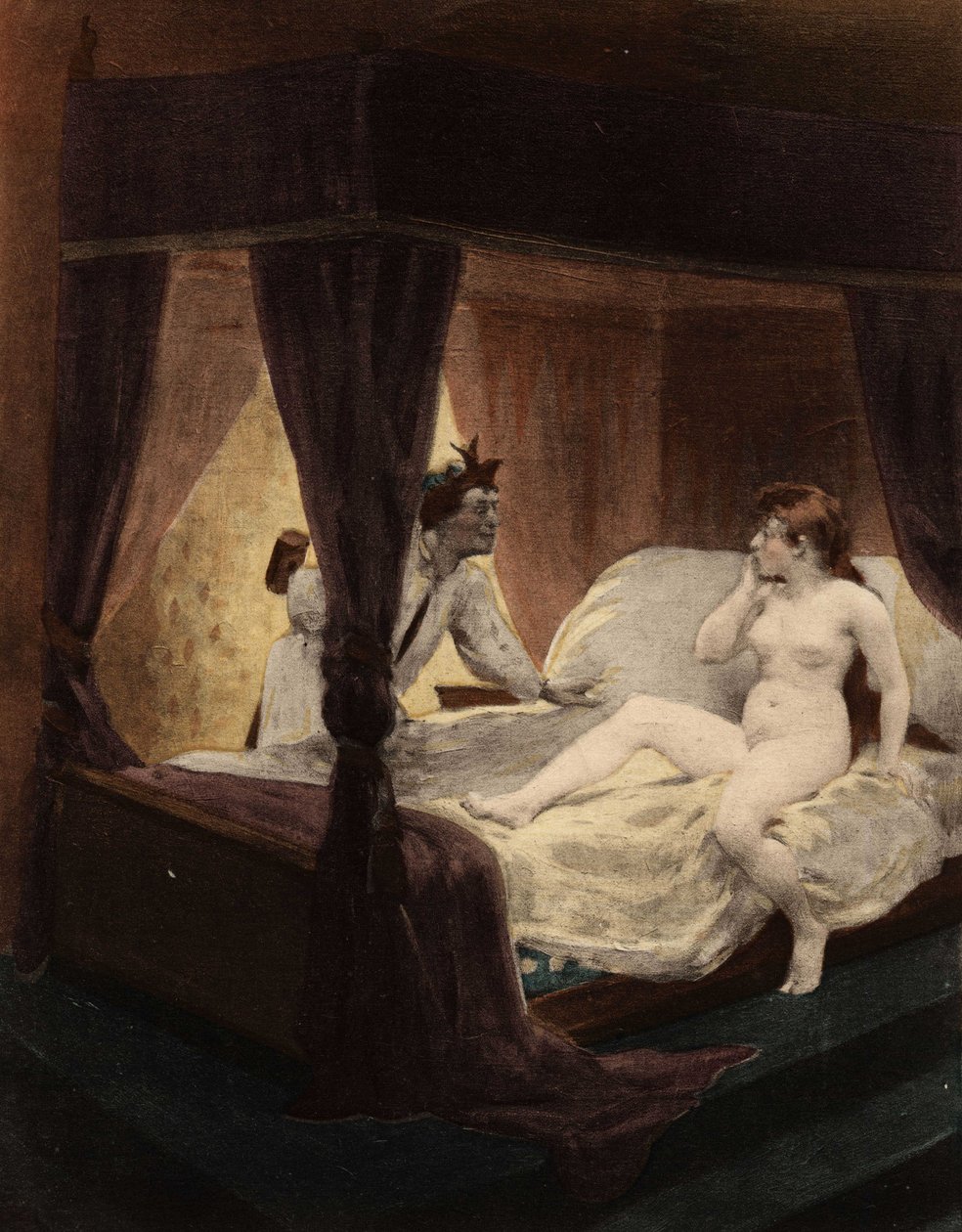 Großer Thibeault versteckt einen Hammer hinter seinem Rücken. Seine Frau liegt im Bett. Pantagruel. Illustration von Jules Garnier. In „Rabelais et l