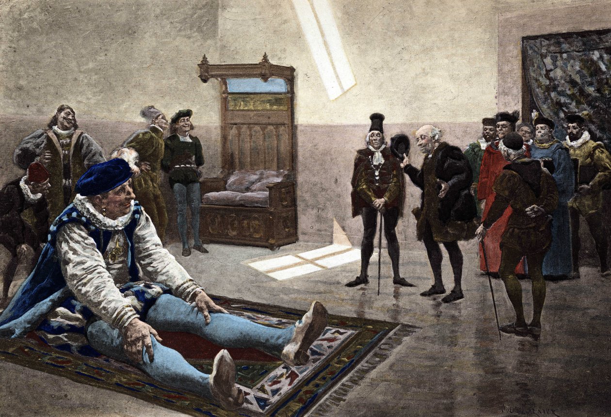 Meister Janotus (Ianotus) von Bragmardo versucht, Gargantua zu überzeugen, die Glocken von Notre Dame de Paris zurückzugeben. Gargantua. Illustration von Jules Garnier. In „Rabelais et l