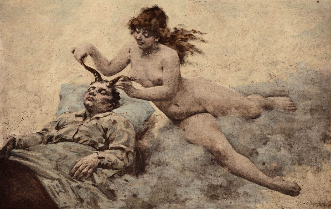Panurges Traum: Eine Frau kommt, um ihm zwei Hörner aufzusetzen. Pantagruel. Illustration von Jules Garnier. In „Rabelais et l