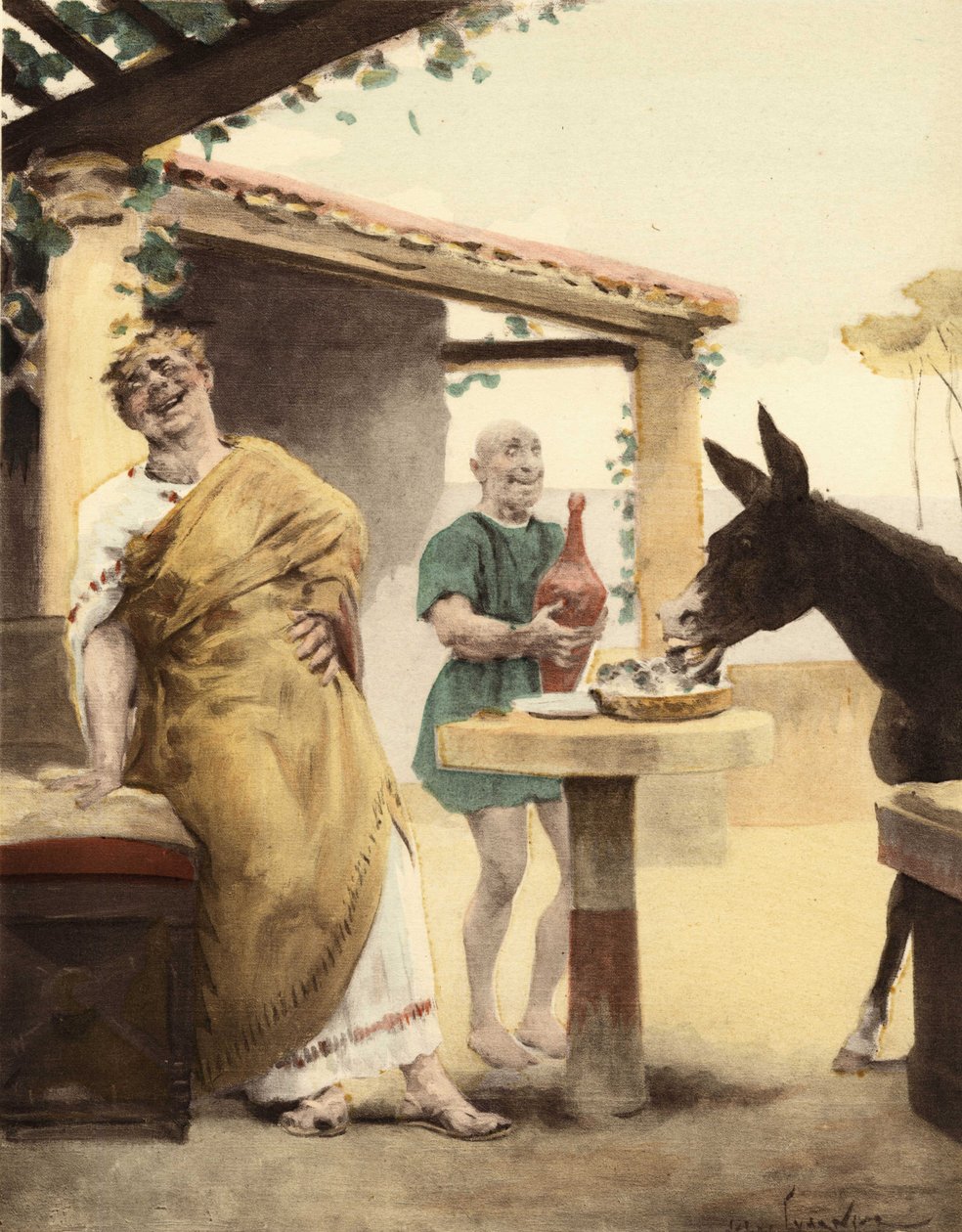 Philomenes stirbt vor Lachen beim Anblick des Esels von Sycophagus, der Feigen frisst, während ein Diener Wein in einer Amphore bringt. Illustration von Jules Garnier. In "Rabelais et l