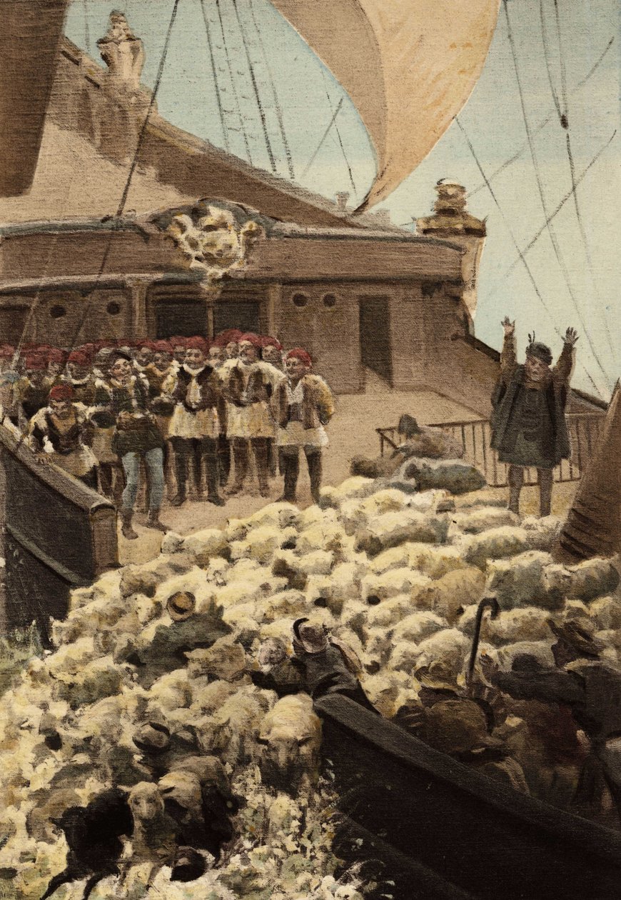 Die Schafe von Panurge: auf dem Boot von Dindenaut werfen sich Schafe und Händler ins Meer. Illustration von Jules Garnier. In "Rabelais et l