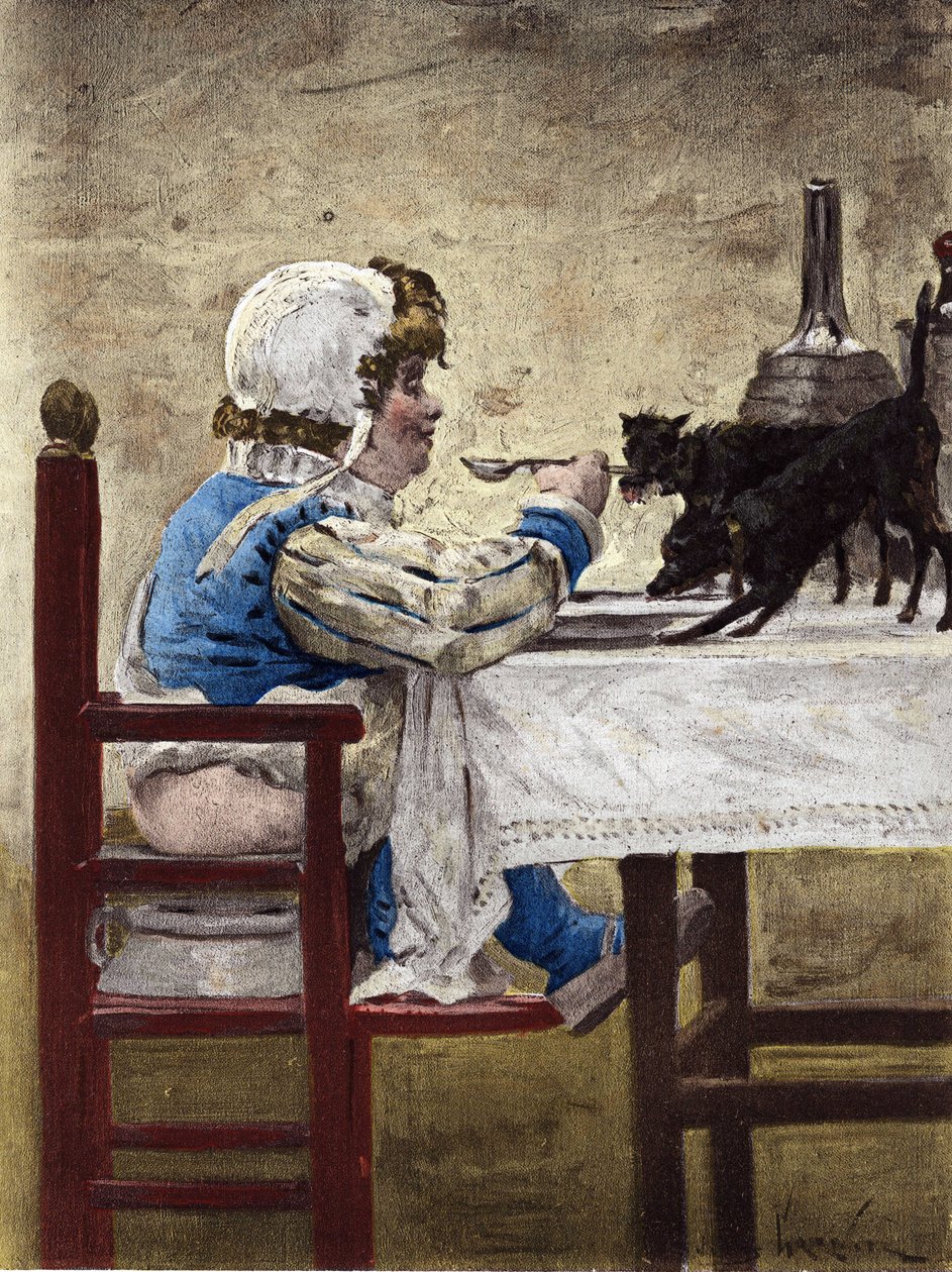 Die Hunde von Grandbuckthorn, Gargantuas Vater, essen auf Gargantuas Teller. Illustration von Jules Garnier. In "Rabelais et l