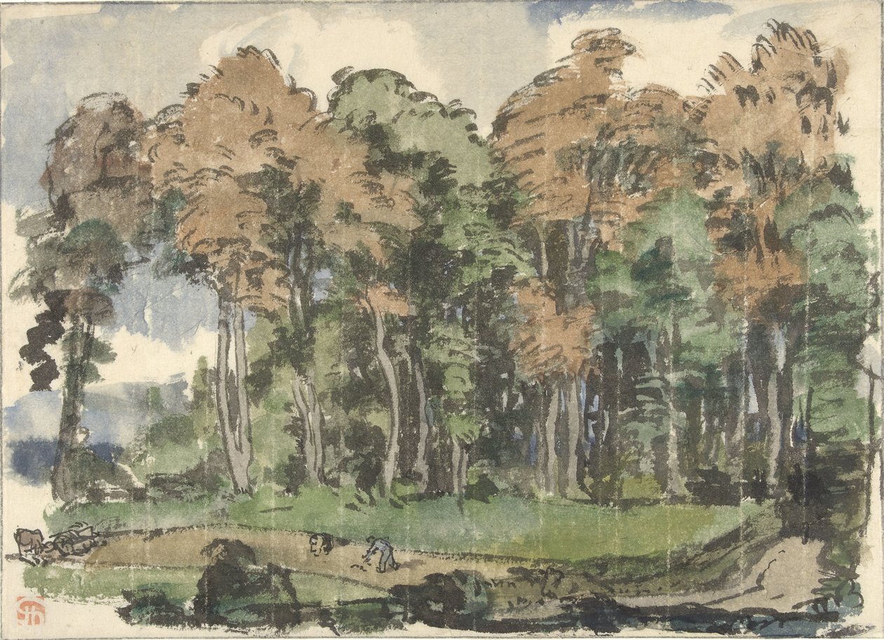 Weg am Waldrand mit arbeitenden Bauern von Jules Chadel