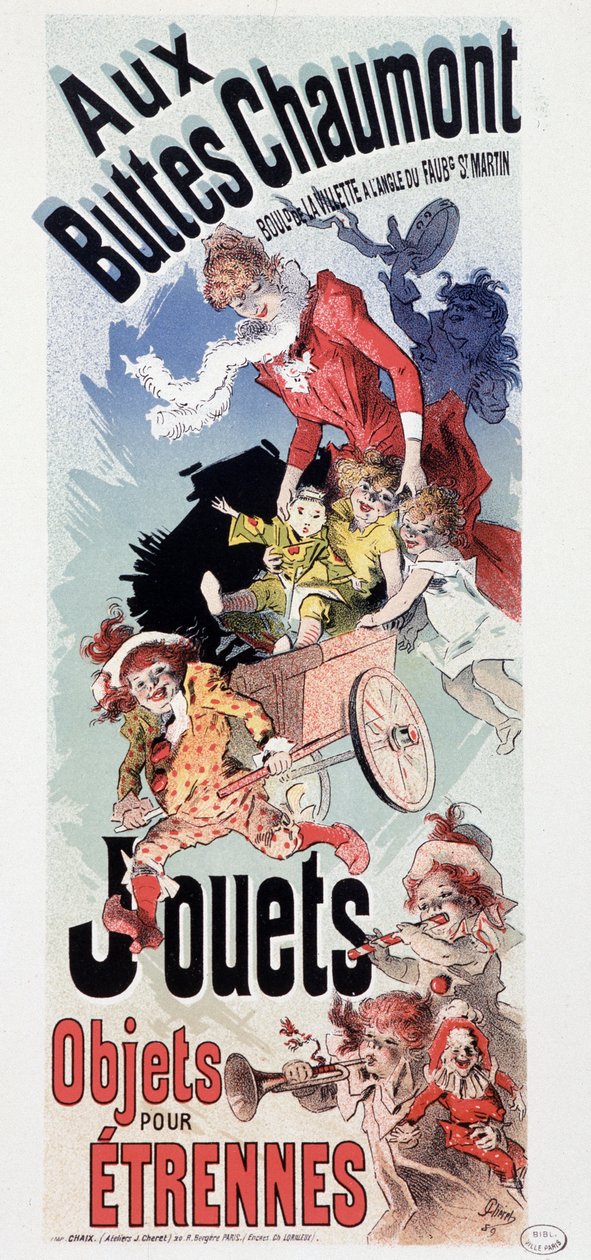 Werbung für Spielzeug im Laden Les Buttes Chaumont - von Jules Cheret, ca. 1890 von Jules Cheret