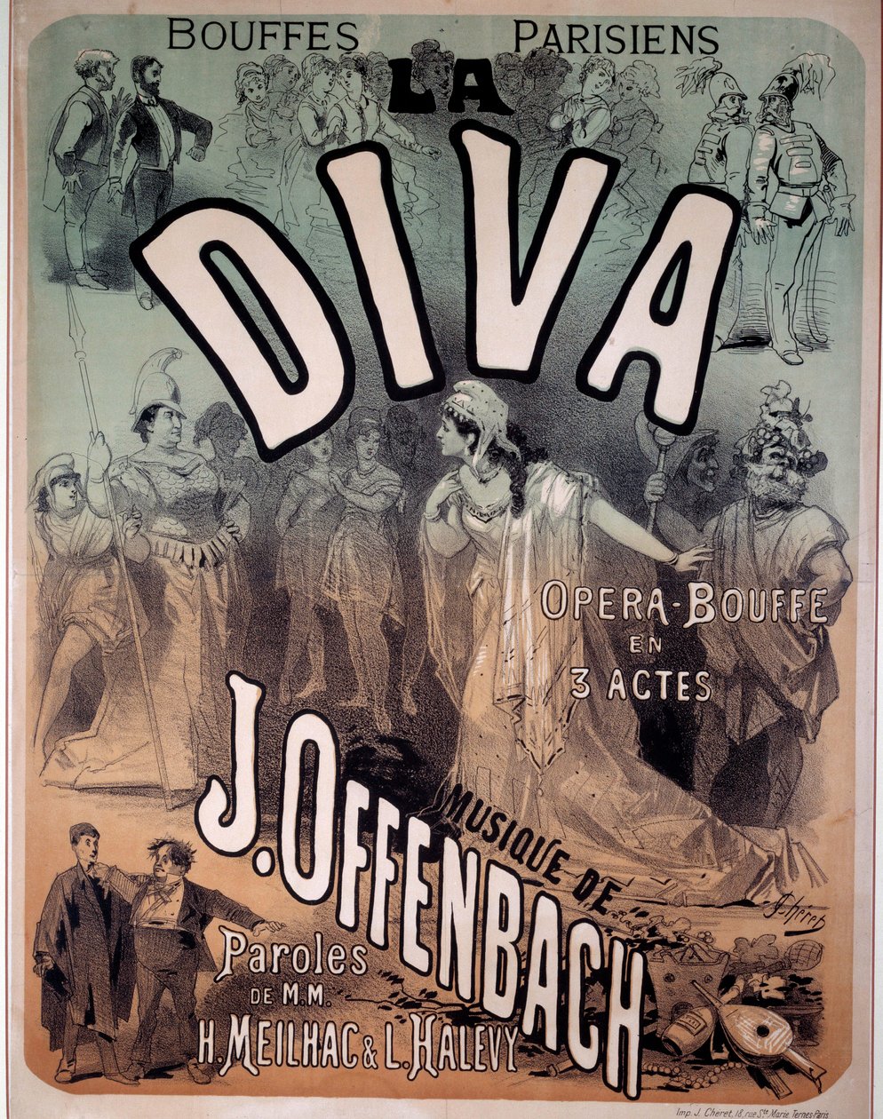 Plakat für die Operette „Diva“ mit Musik von Jacques Offenbach (1819-1880) bei den Pariser Bouffes von Jules Cheret