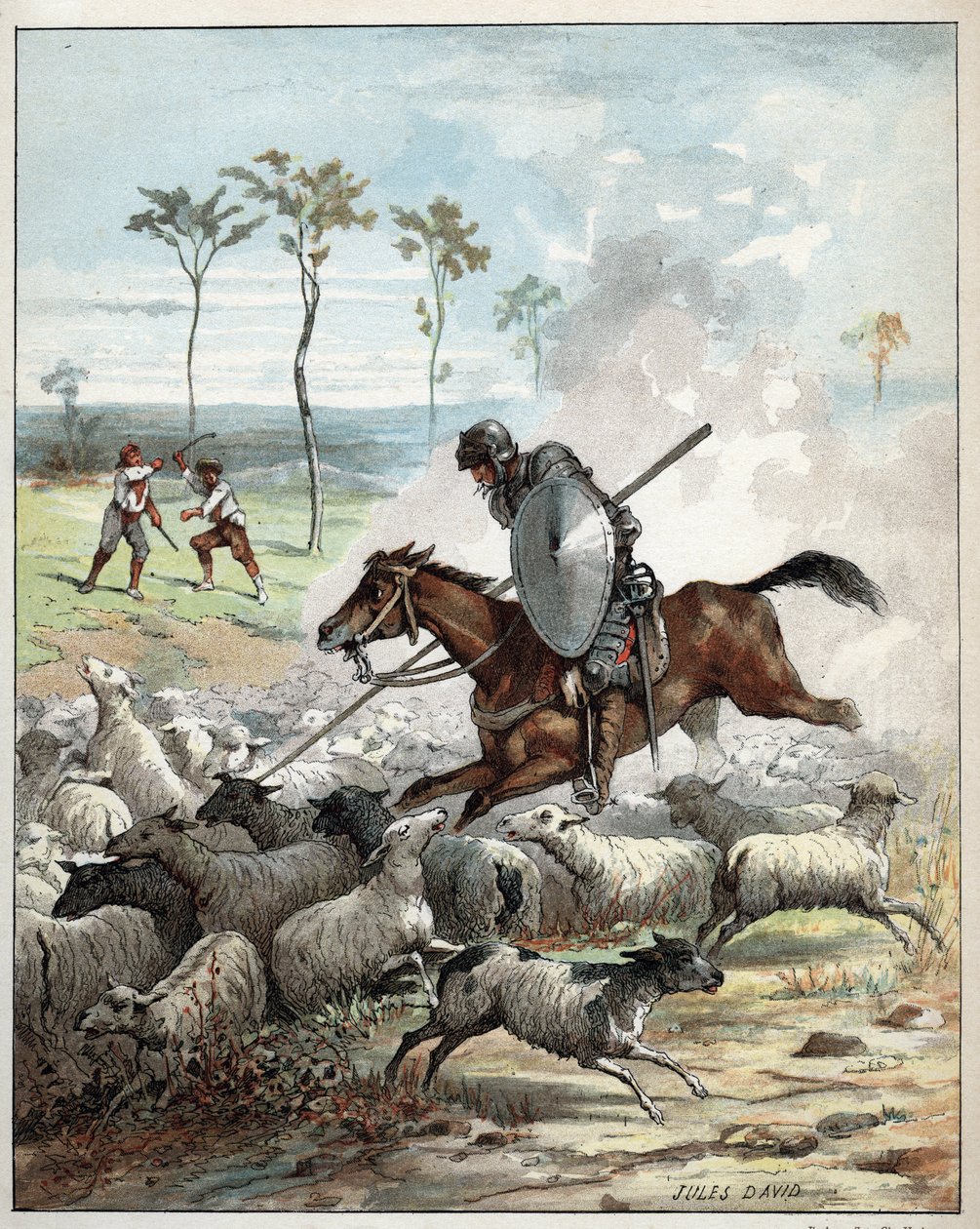 Don Quijote tötet Schafe, weil er sie für Ritter hält Don Quijote auf seinem Pferd durchbohrt