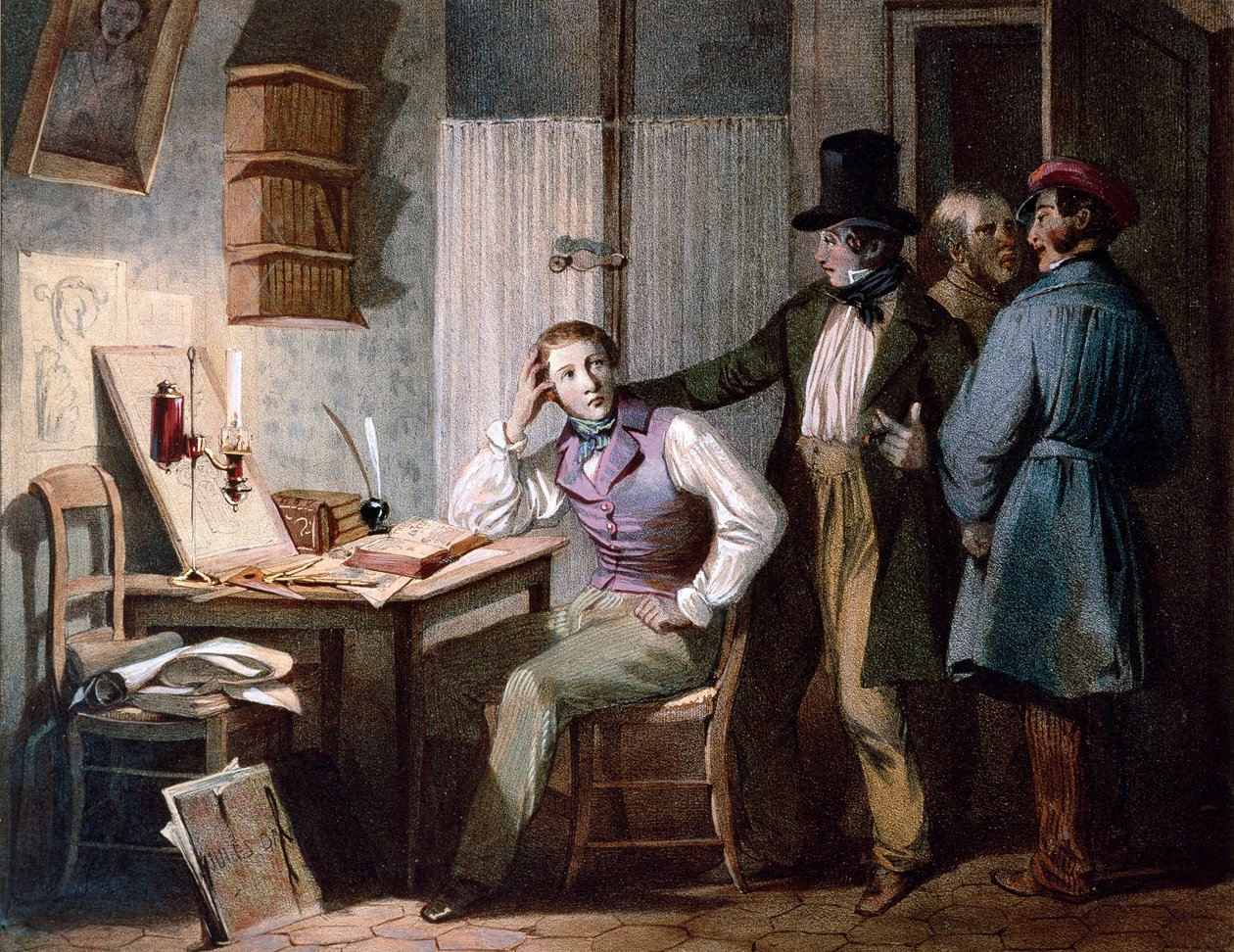 Studie. Ein fleißiger Schüler an seinem Schreibtisch bleibt bei der Arbeit, während seine Freunde ausgehen. Farbgravur von Jules David (19. Jahrhundert). Paris, Musée Carnavalet von Jules David