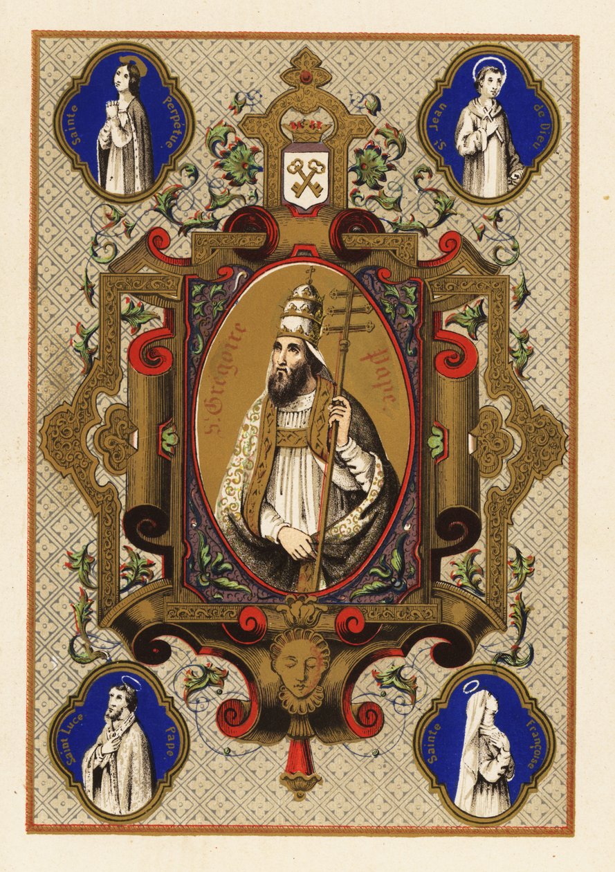Porträt von Sankt Gregor, Papst Gregor I., mit Triregnum oder Dreifachkrone und päpstlicher Ferula, innerhalb eines dekorativen Rahmens von Jules Desportes