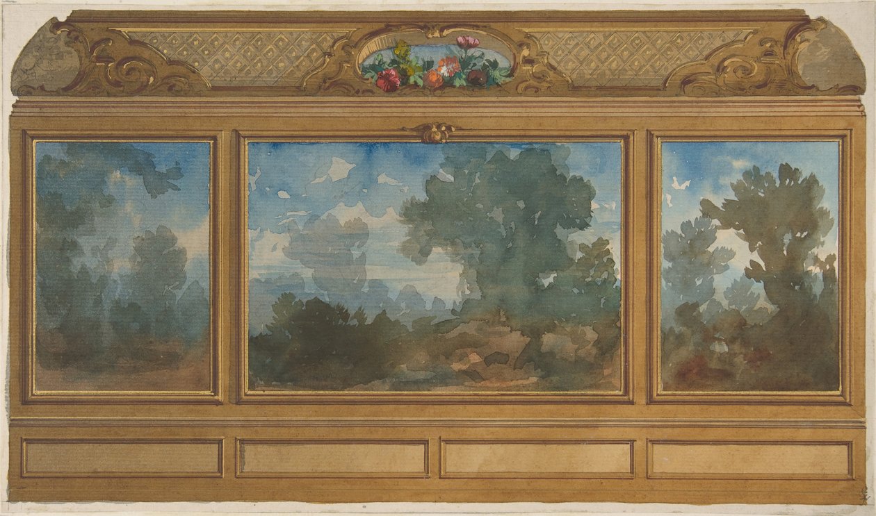 Erhebung eines getäfelten Innenraums, dekoriert mit gemalten Landschaften und Gewölben, 1830-97. Schöpfer: Jules-Edmond-Charles Lachaise, Eugène-Pierre Gourdet von Jules Edmond Charles Lachaise and Eugène Pierre Gourdet