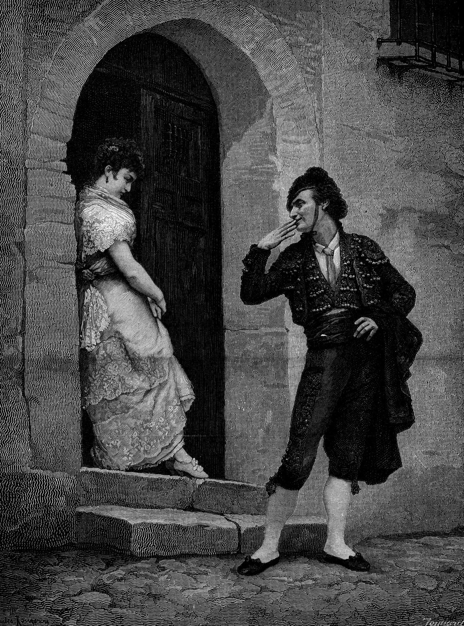 Der Start des Stierkämpfers für das Rennen. 19. Jahrhundert. Gravur nach einem Gemälde von Rougeron (Jules James Rougeron) von Jules James Rougeron