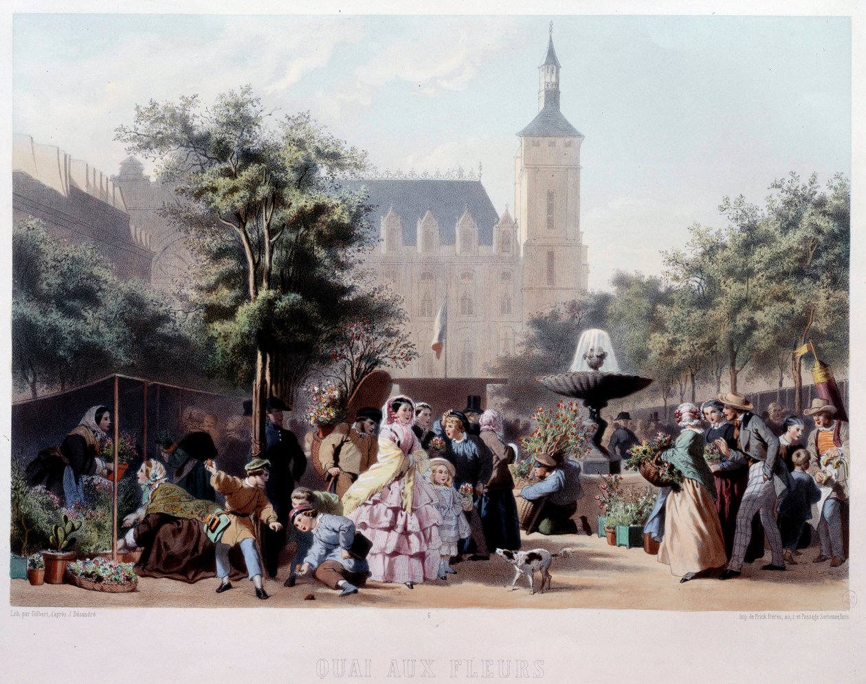 Ansicht des Quai aux Fleurs in Paris. Spaziergang auf der Ile de la Cite. Lithographie von Jules Marie Desandre von Jules Marie Desandre