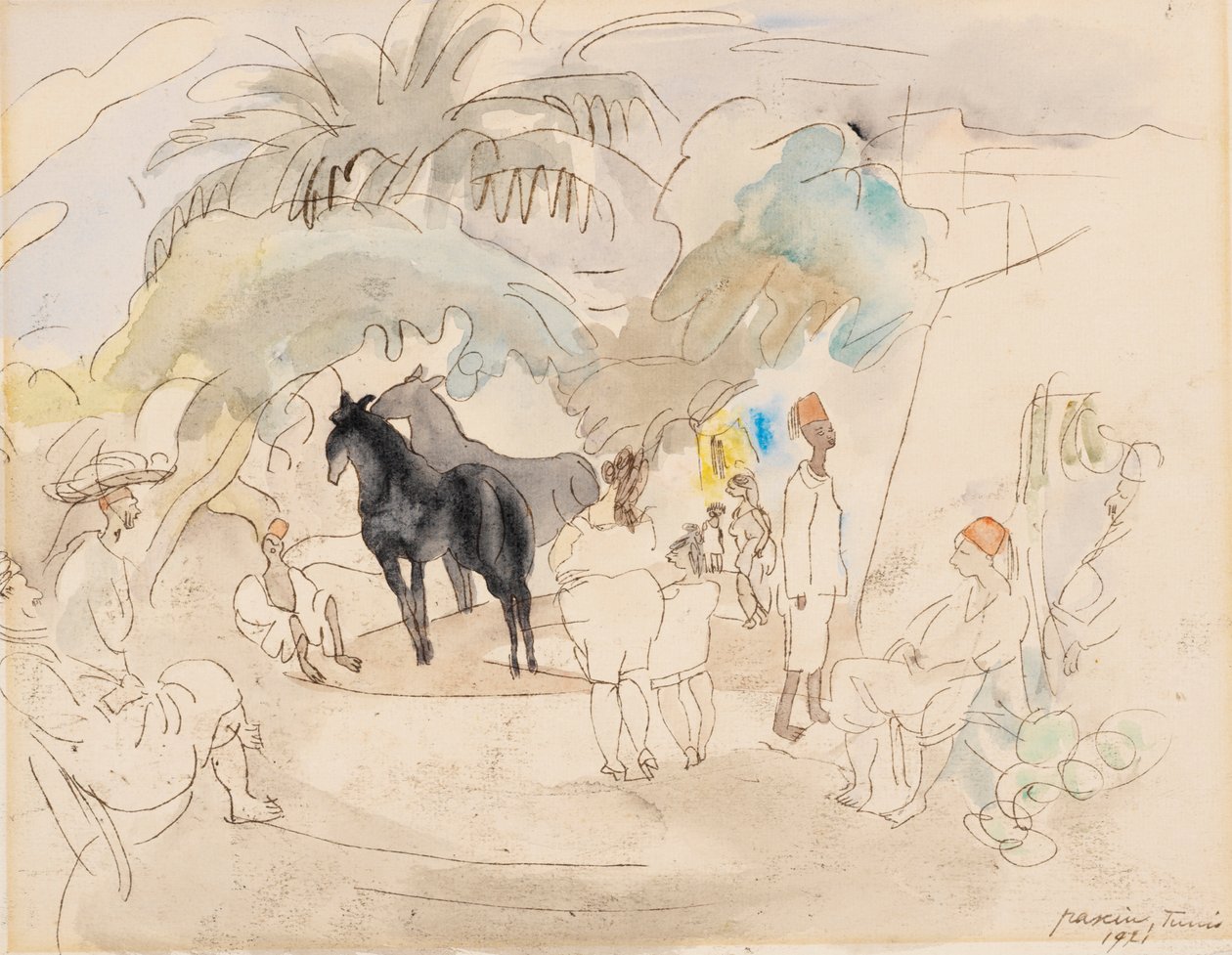Figuren und zwei Pferde in einer Landschaft, 1921 von Jules Pascin