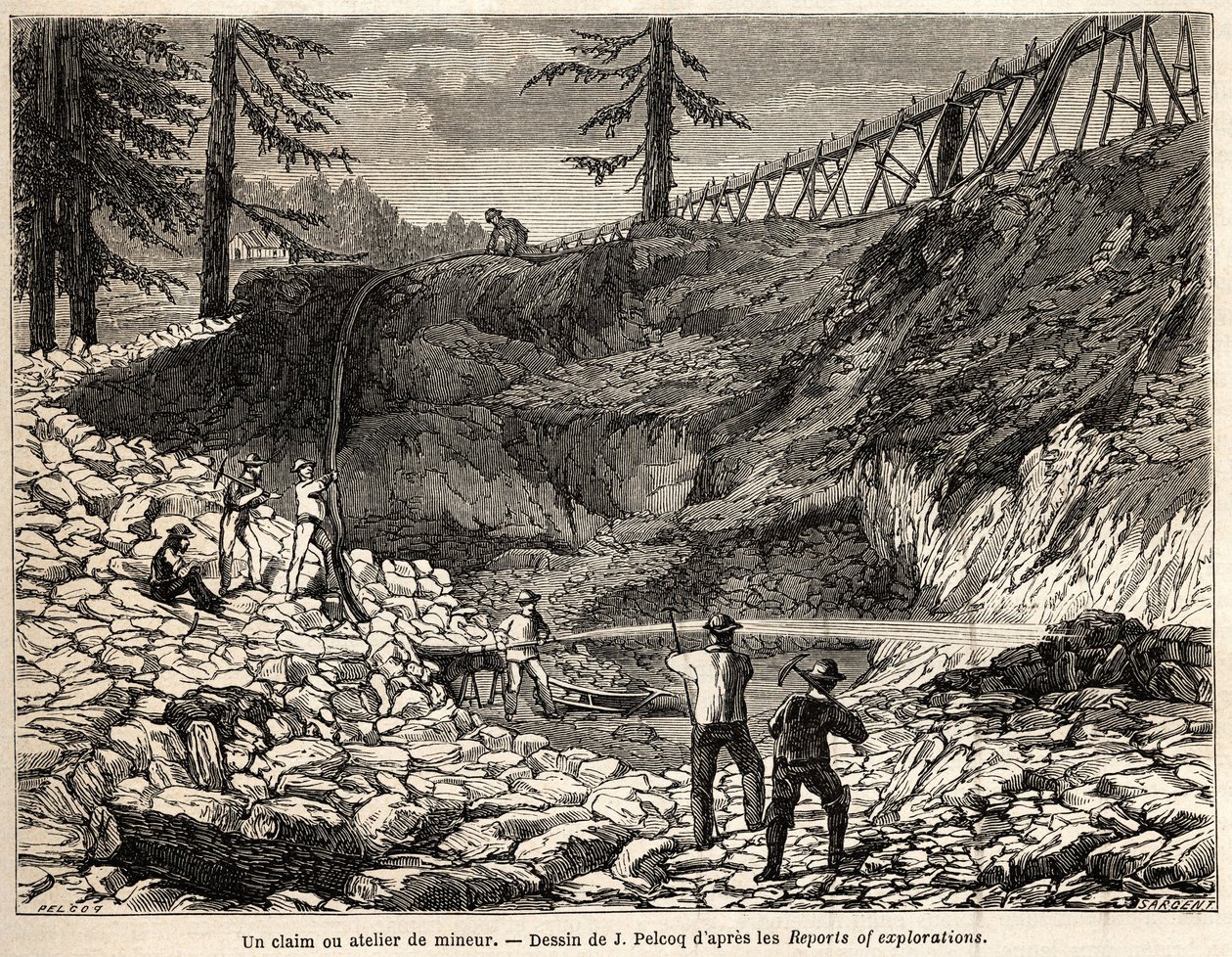 Eine Bergbauansiedlung oder Werkstatt in Kalifornien, Zeichnung von Jules Pelcoq, zur Illustration der Reise von Baron de Wogan nach Kalifornien in den Jahren 1850-1852. Gravur in „Le tour du monde, nouveau journal des voyages“ Paris von Jules Pelcoq