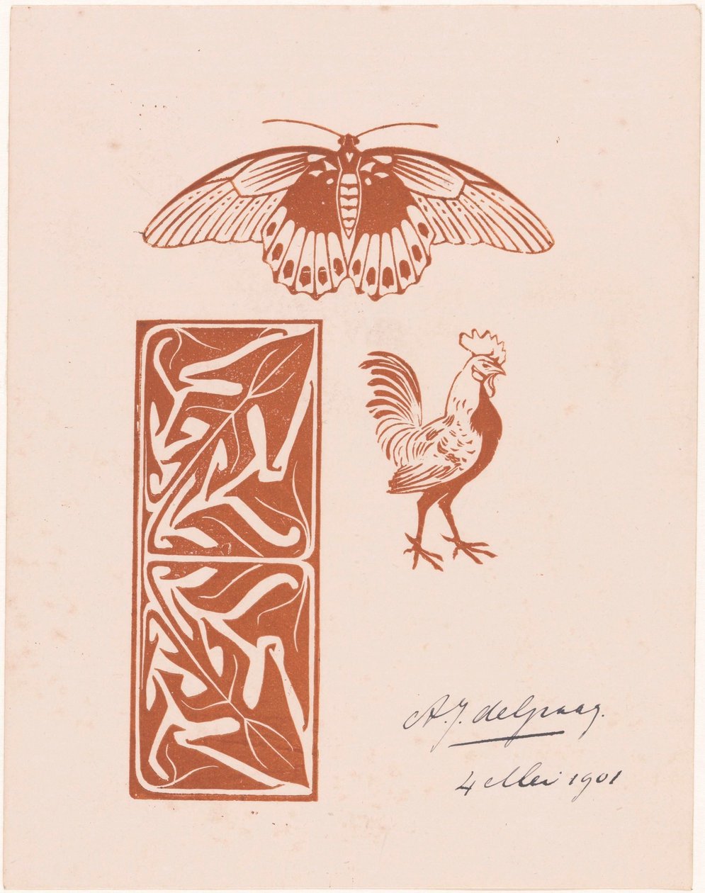 Schmetterling, Hahn und Blattwerk von Julie de Graag (signed by artist)