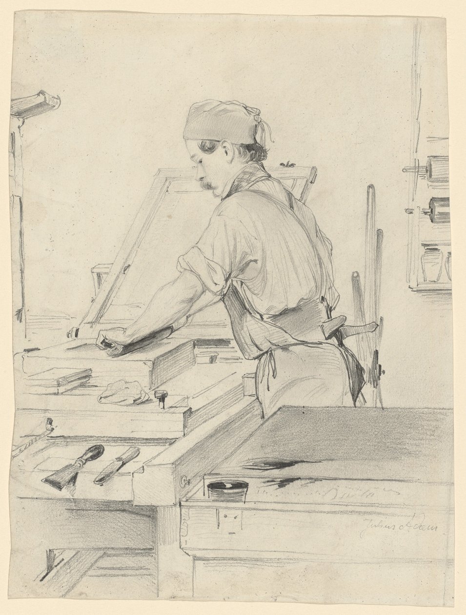Selbstporträt bei der Arbeit an einer Lithografiepresse von Julius Adam the Elder