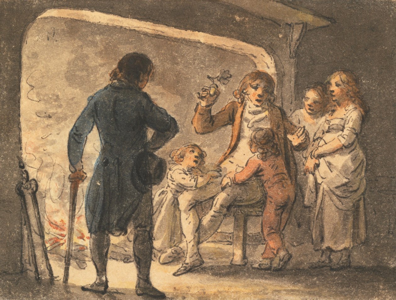 Loderndes Feuer im Herd, der Vater erzählt seinen Kindern die Geschichte von Julius Caesar Ibbetson
