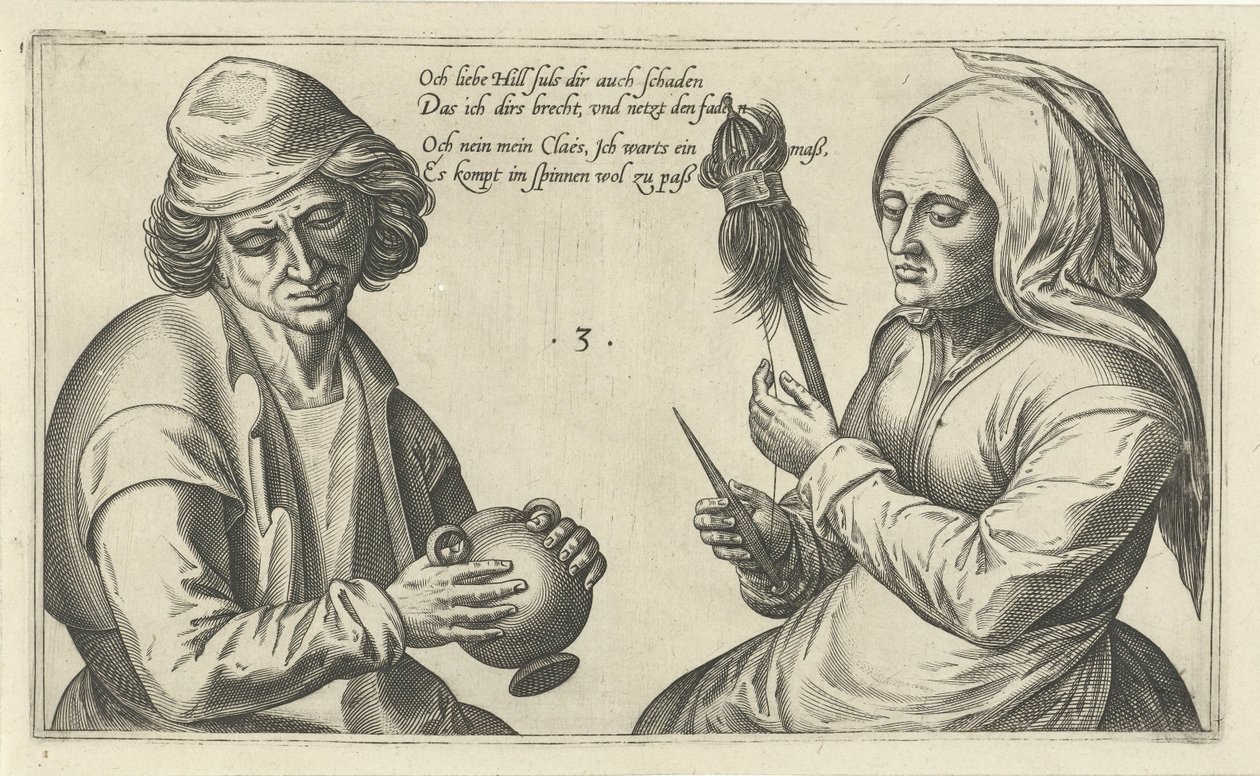 Spinnende Frau mit ihrem Ehemann von Julius Goltzius