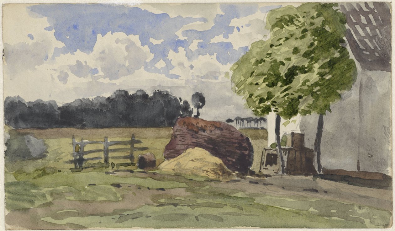 Holzstapel vor einem Bauernhof auf der Wiese von Julius Jacobus van de Sande Bakhuyzen
