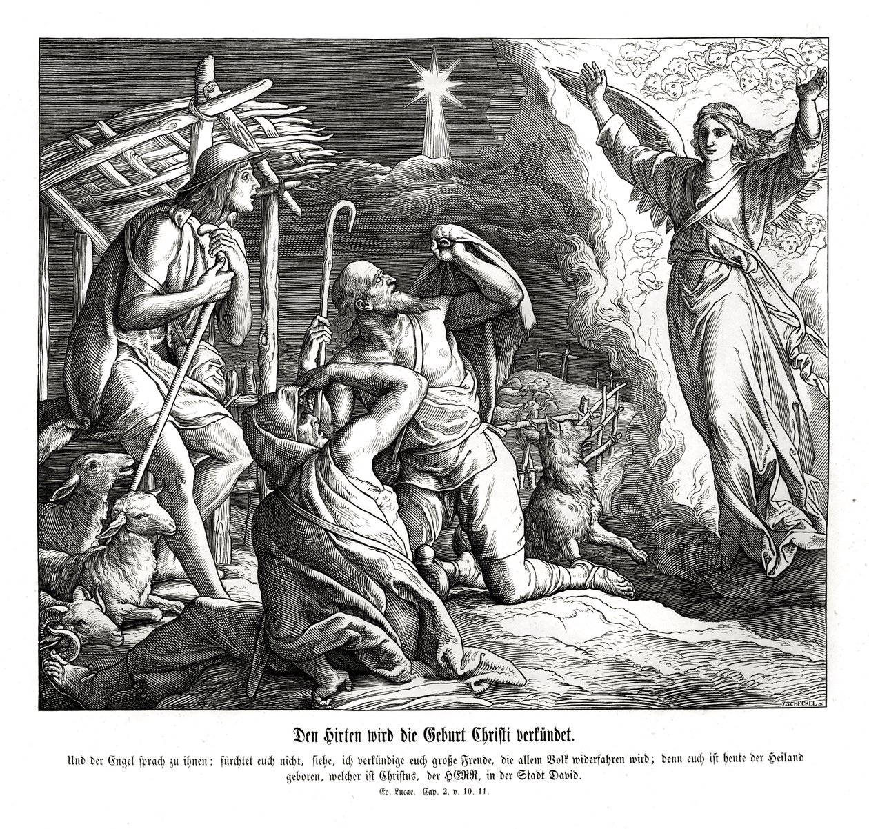 Ein Engel erscheint den Hirten, Evangelium nach Lukas von Julius Schnorr von Carolsfeld