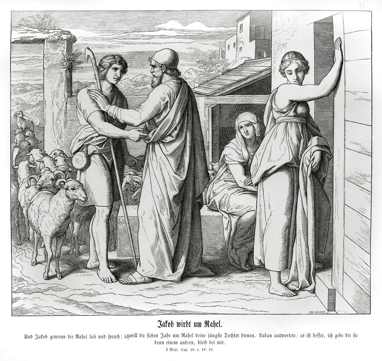 Jakob bittet Laban um Rachel als seine Frau, Genesis von Julius Schnorr von Carolsfeld