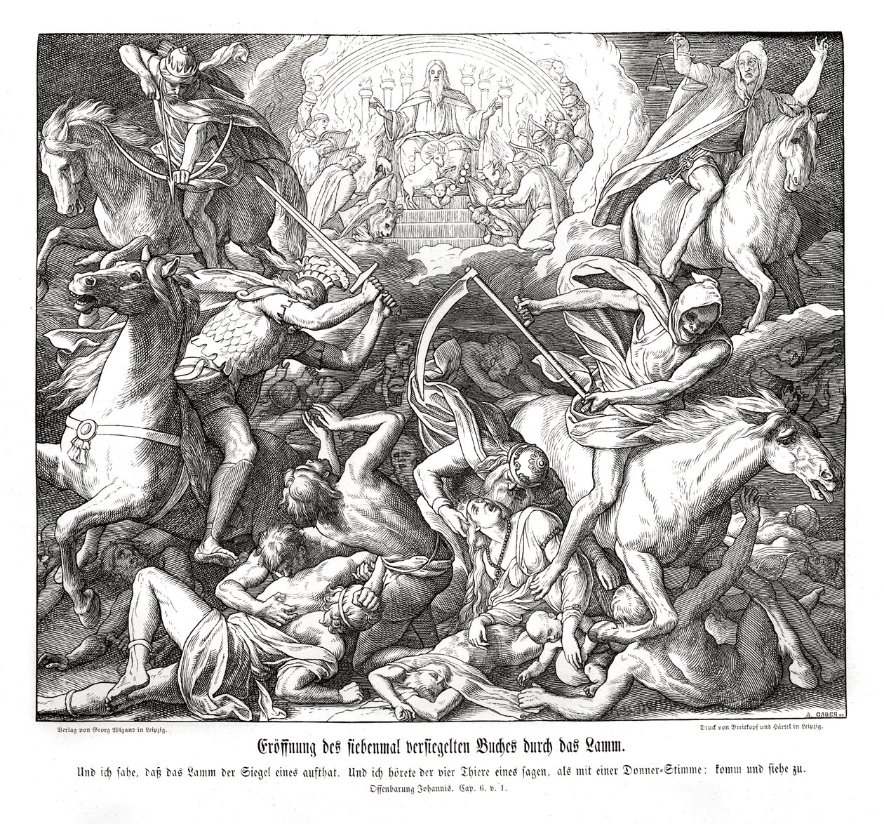 Öffnung des ersten Siegels durch das Lamm, Offenbarung von Julius Schnorr von Carolsfeld