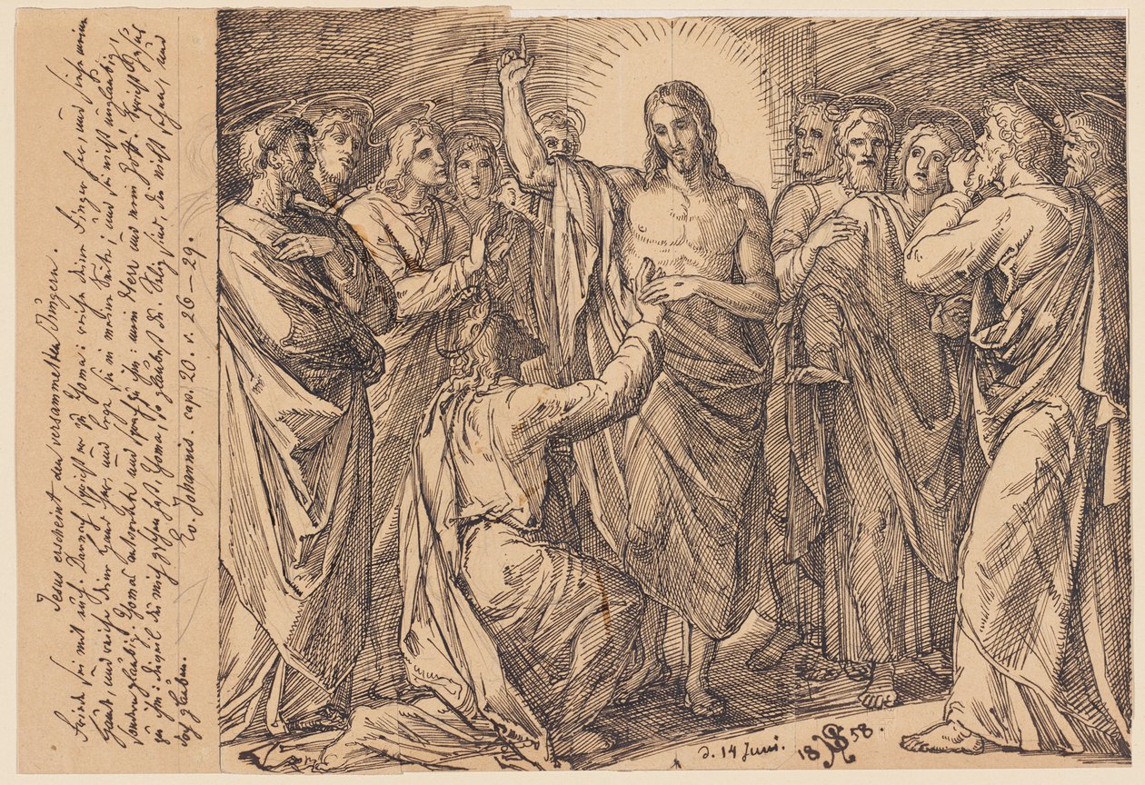 Jesus erscheint den versammelten Jüngern. Friede sei mit euch. Danach spricht er zu Thomas: ...? von Julius Schnorr von Carolsfeld