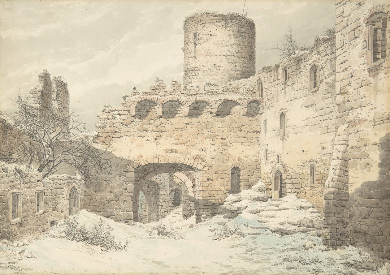 Winteransicht des Hofes einer mittelalterlichen Burg in Ruinen, 1832 von Julius von Leypold