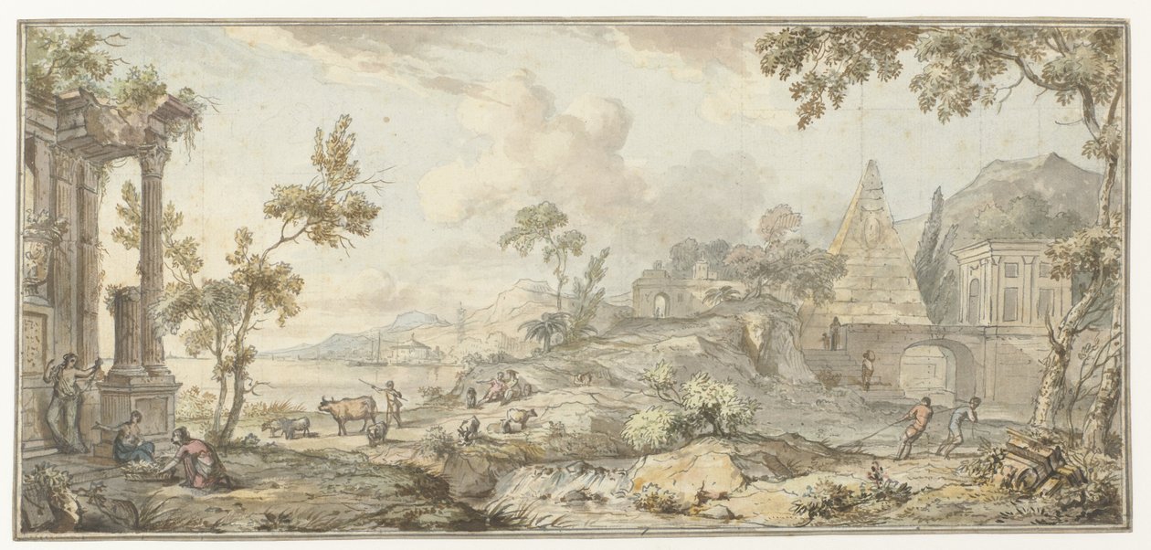 Entwurf für eine Zimmerbemalung mit südlicher Küstenlandschaft und Pyramide von Jurriaan Andriessen