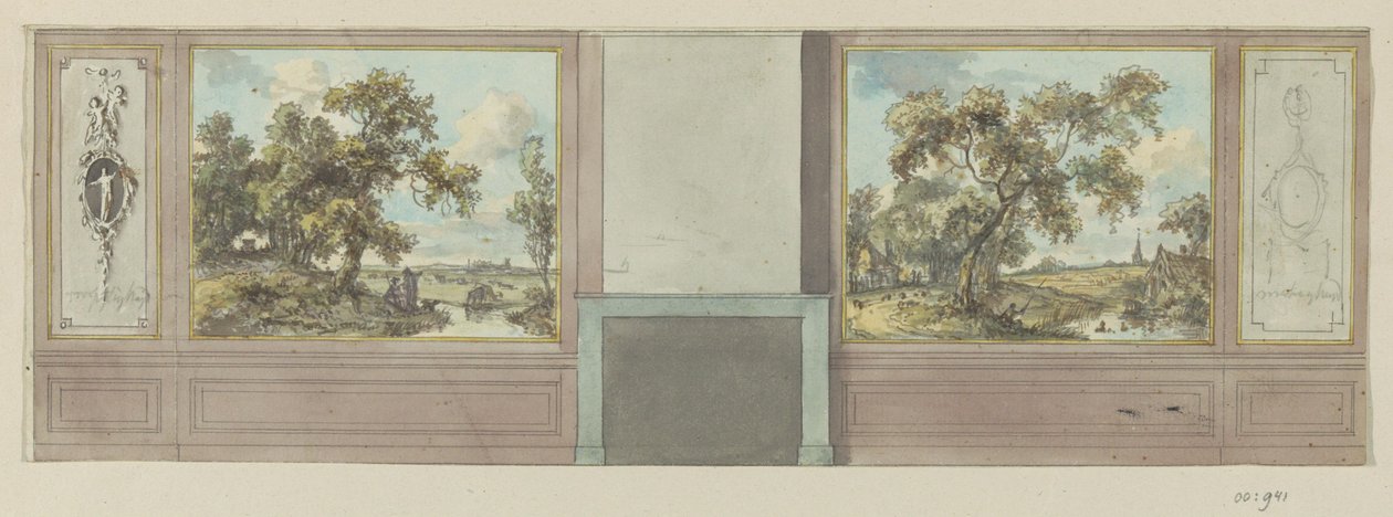 Entwurfszeichnung für eine Zimmerwand mit Kamin von Jurriaan Andriessen