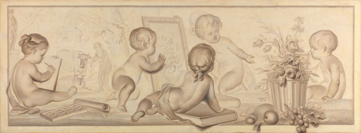 Sechs Putti mit Blumen und Früchten und Attributen der Zeichenkunst von Jurriaan Andriessen