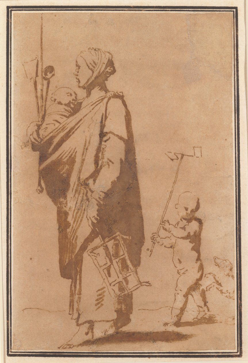 Eine Mutter trägt ein Kind und Küchenutensilien, gefolgt von einem Jungen und einem Hund von Jusepe de Ribera