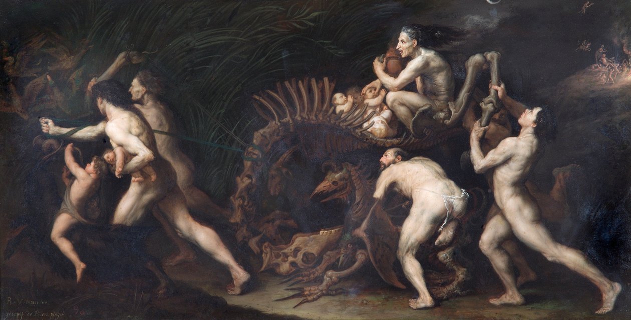 La Carcasse: eine Hexe wird auf dem Skelett eines Monsters gezeichnet, 17. Jahrhundert von Jusepe de Ribera