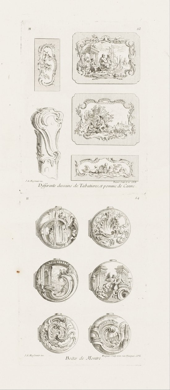 Verschiedene Entwürfe für Schnupftabakdosen und Spazierstockknäufe, fünfte Tafel von Juste Aurèle Meissonnier
