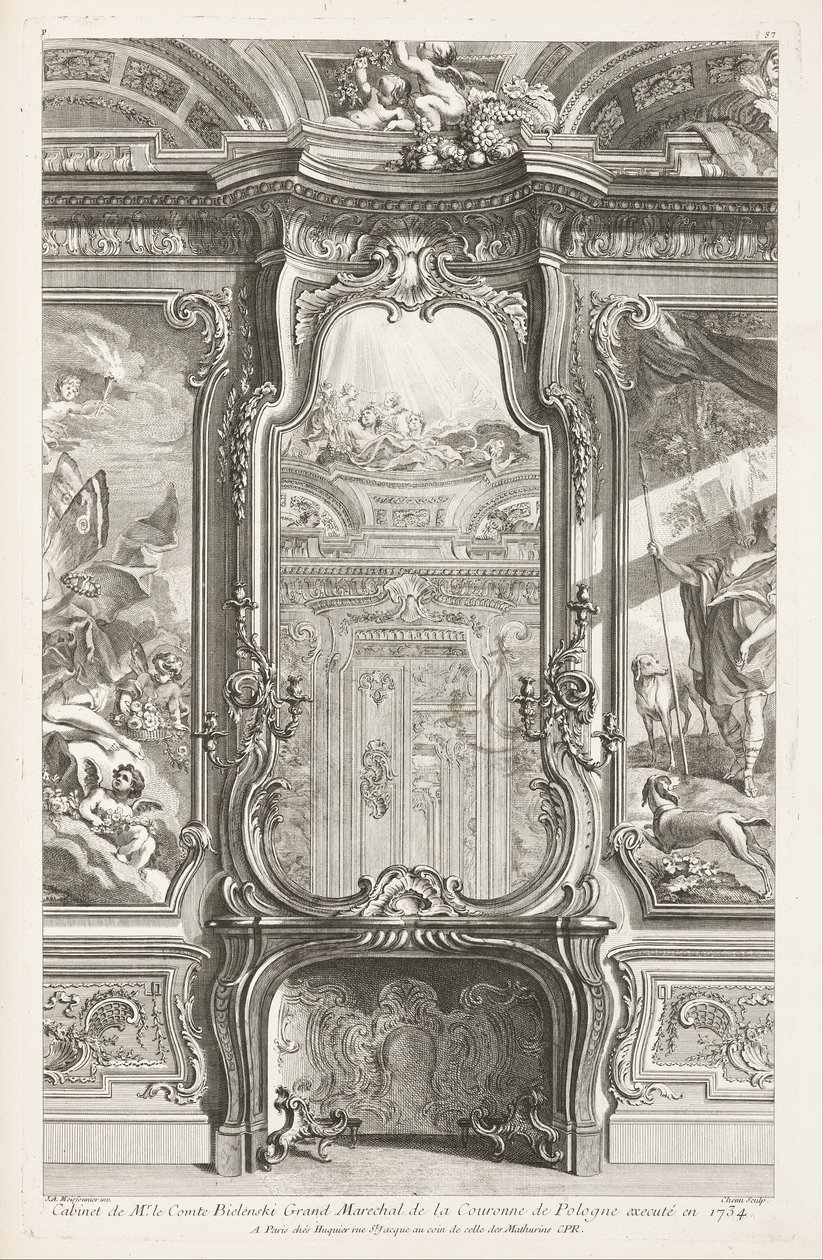 Kabinett von Herrn Graf Bielenski, Großmarschall der Krone von Polen, ausgeführt 1734; Kamin mit Spiegel, mit auf beiden Seiten einem Teil der Wandverkleidung und Gemälden, 1. Tafel von Juste Aurèle Meissonnier